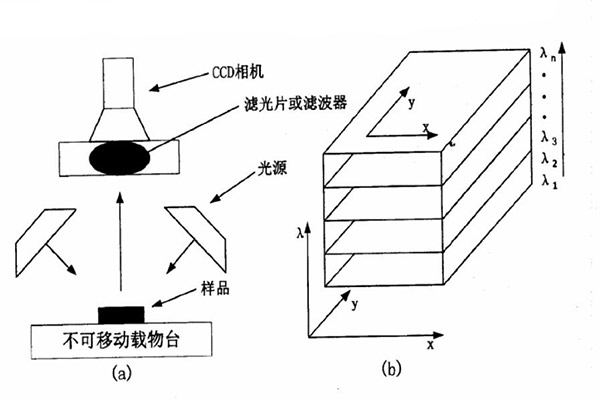 基于濾波器或?yàn)V波片的高光譜圖像系統(tǒng)圖和此系統(tǒng)下獲得的圖像數(shù)據(jù)示意圖